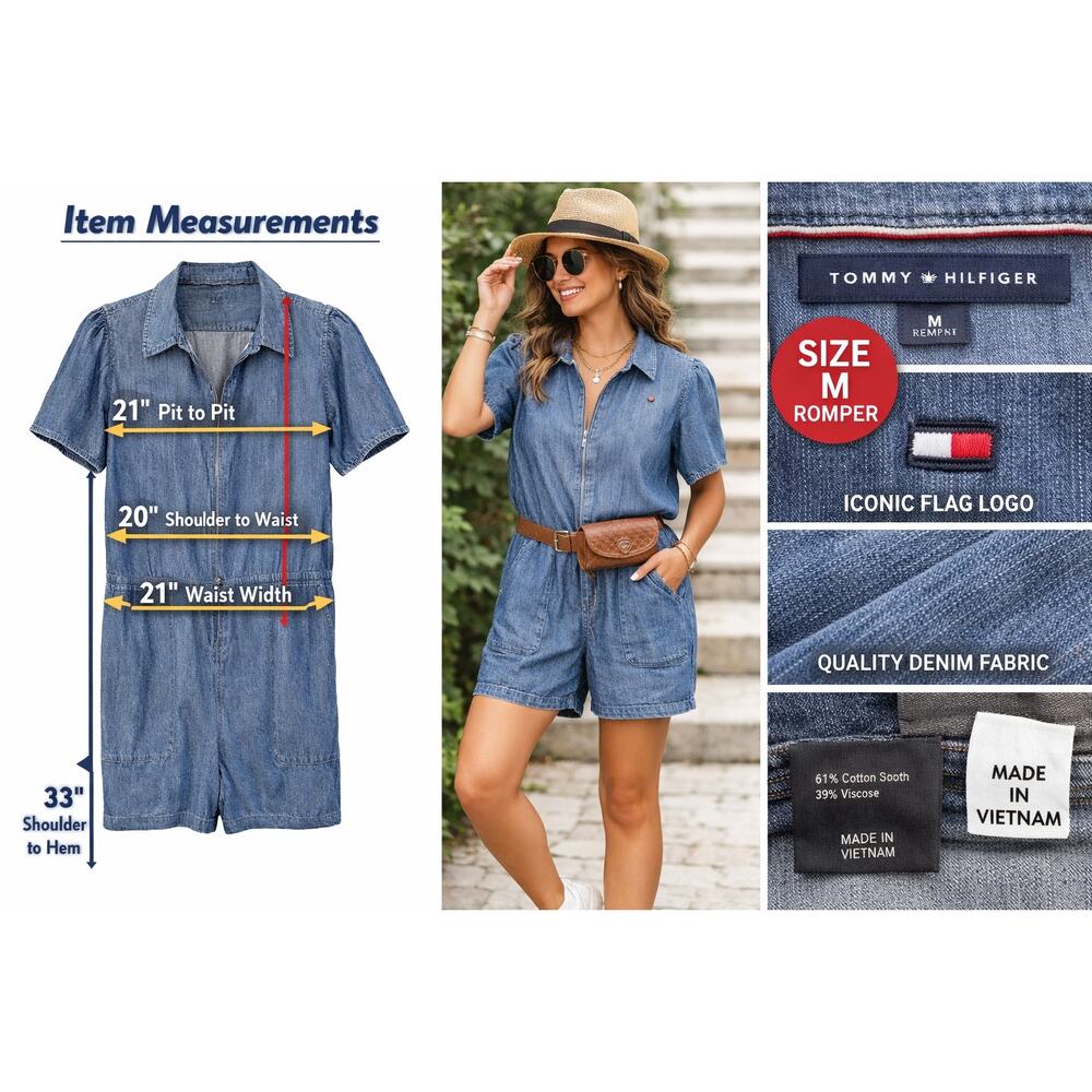 Tommy Hilfiger‎ Chambray Utility Romper Medium Zip Front Puff Sleeve Pockets